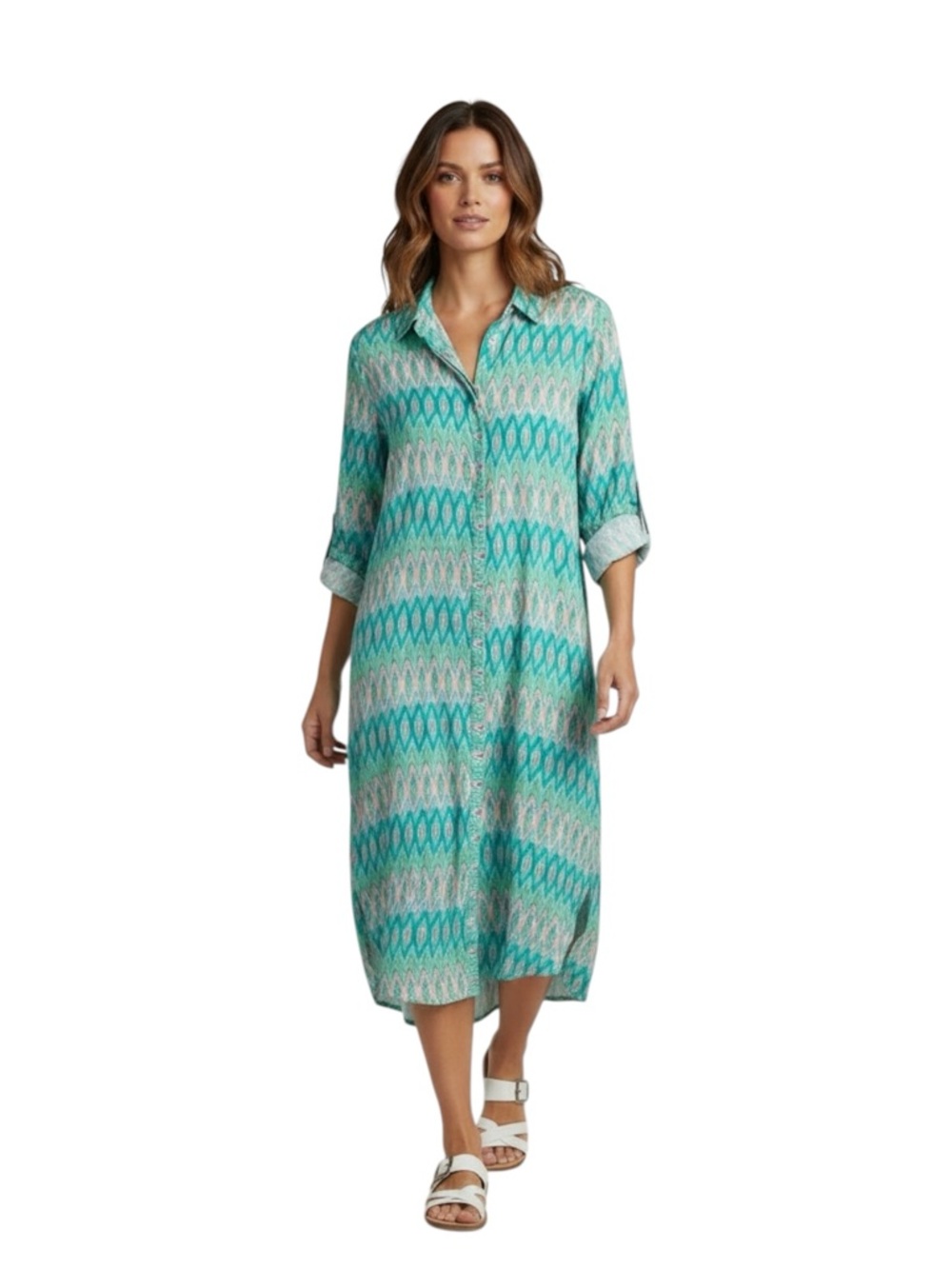 Naudic Marina Shirt Dress Opal Green Malia Print Button Front Women’s Small